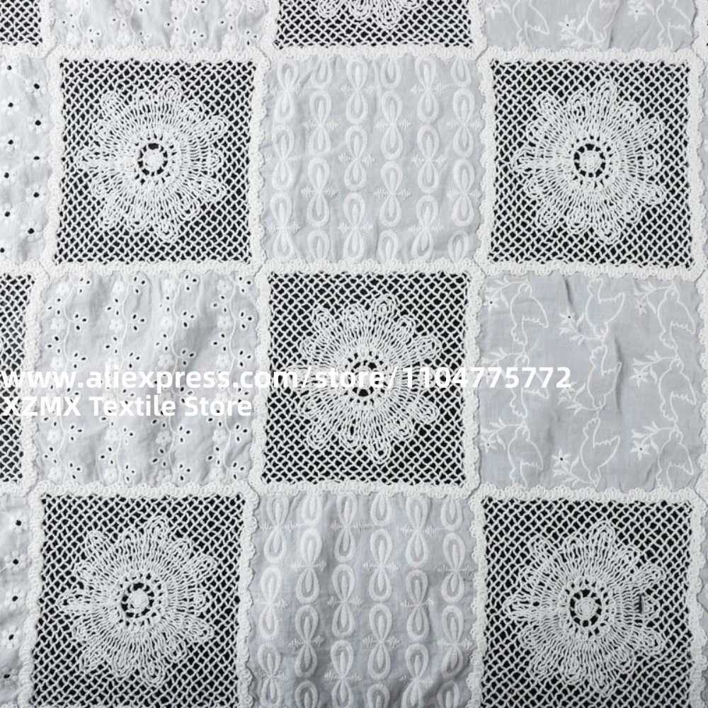 Square Patchwork Crochet Lace Fabric,Hollow Grid Floral Embroidery Cloth,Eyelet Cutout Textile for Dress Curtain DIY