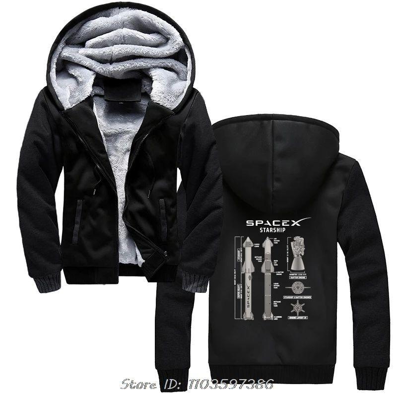 SpaceX Starship Blueprint Printing Hoodie Unisex Tops Cotton Fitness Hoody Men's Clothing Jacket Zip Up Hoodies Graphic Coats