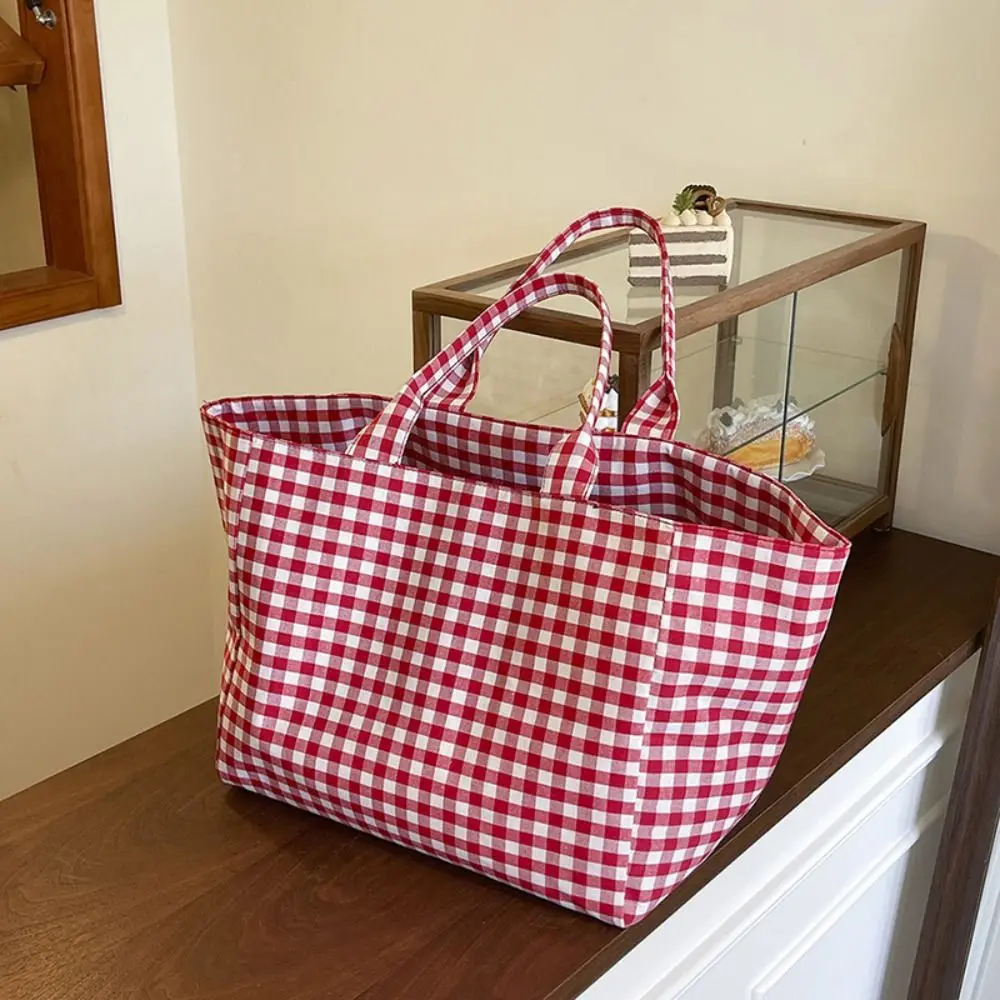 Cute Korean Style Red Plaid Shoulder Bag Check Grid Lattice Tote Bag Handbag Lightweight Canvas Bag Ladies/Girls