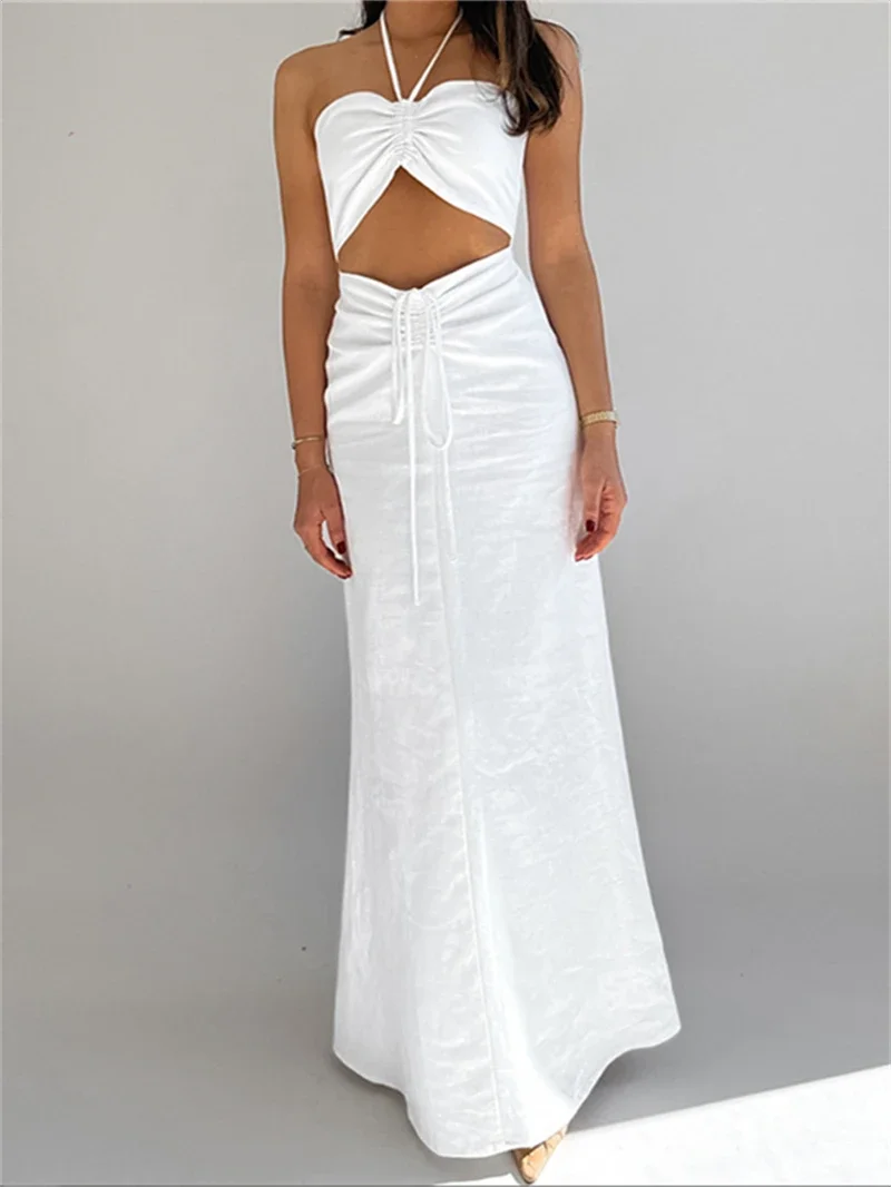 

Fashion Cotton Linen Halter Dress Summer Clothes Women Sleeveless Backless Hollow Out Maxi Long Dresses Beachwear Dress Vestidos