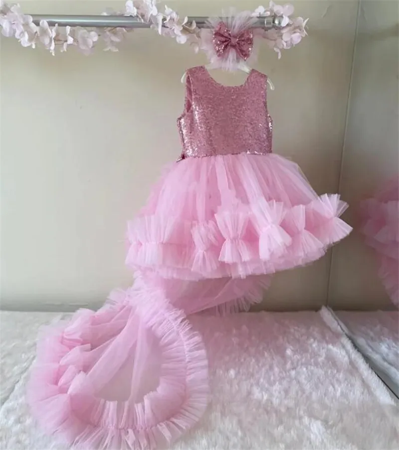 

Pink Baby Girl Dress Special Occasion First Birthday Dress Tutu Gown Flower Girl Wedding Party Dress with Long Train