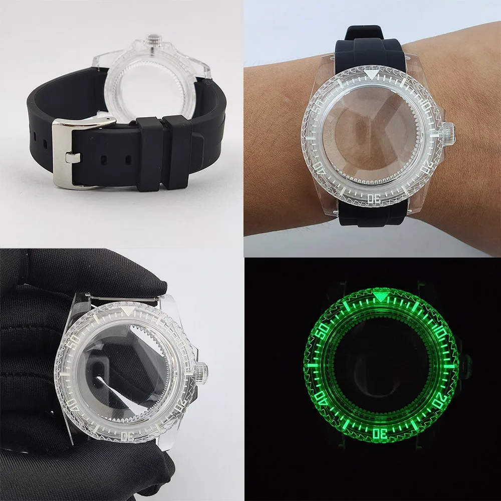 Boîtier de montre Transparent 40mm, ensemble de bracelets de montre 20mm, boîtier en plastique acrylique lumineux vert pour mouvement NH35/NH36/NH34, bracelet en caoutchouc