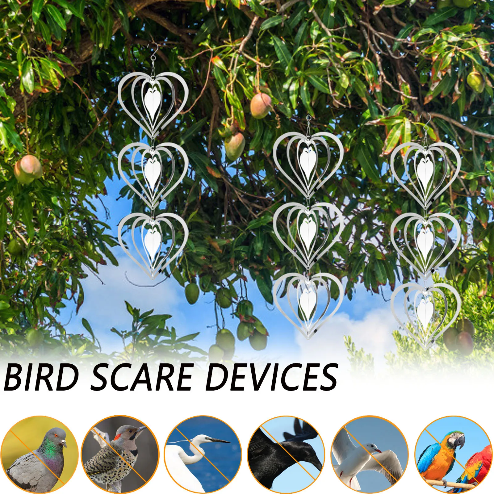 3Pcs Heart Bird Scare Discs Set Stainless Steel Bird Reflectors Spinners Hangable Bird Scare Devices Reflective Bird Devices