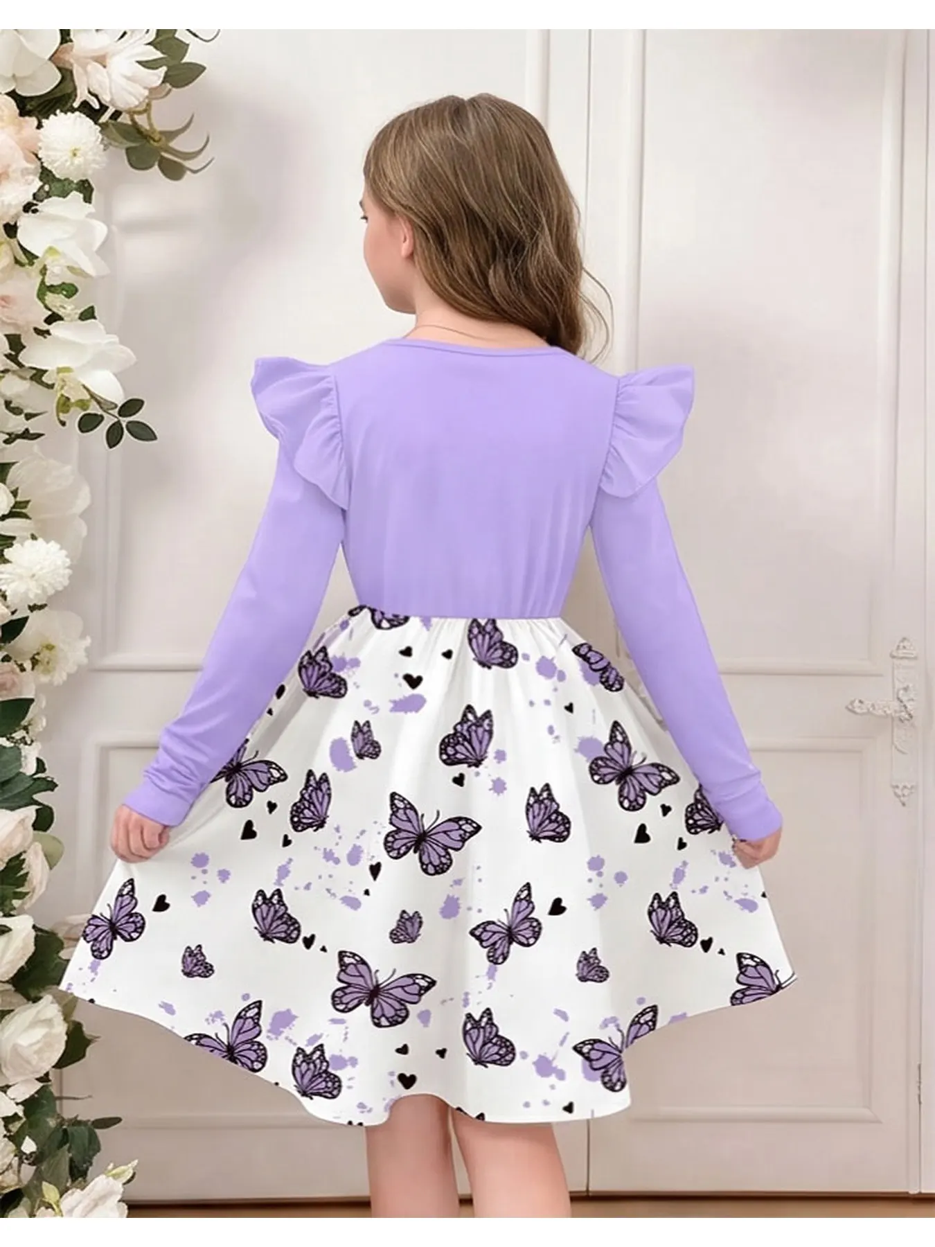 Children's Casual round Neck Dress with Butterfly Print Ruffled Long Sleeves Waist Cinched Mid-Length Skirt