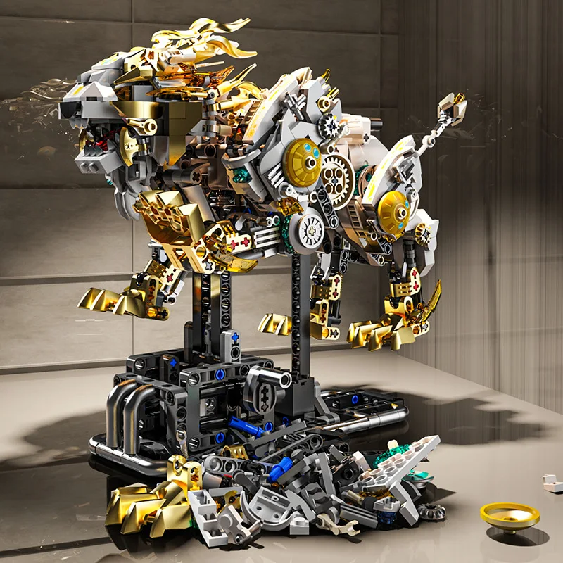 Kit de construção Mech Lion - modelo de tijolos compatíveis com peças móveis, brinquedo educacional STEM para meninos, conjunto de construção criativa DIY