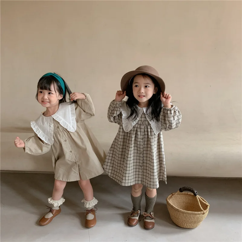

2025Spring and Autumn Children's Dress Cotton Linen Lace Collar Plaid Dress Girls' Dress Autumn Hot Sale