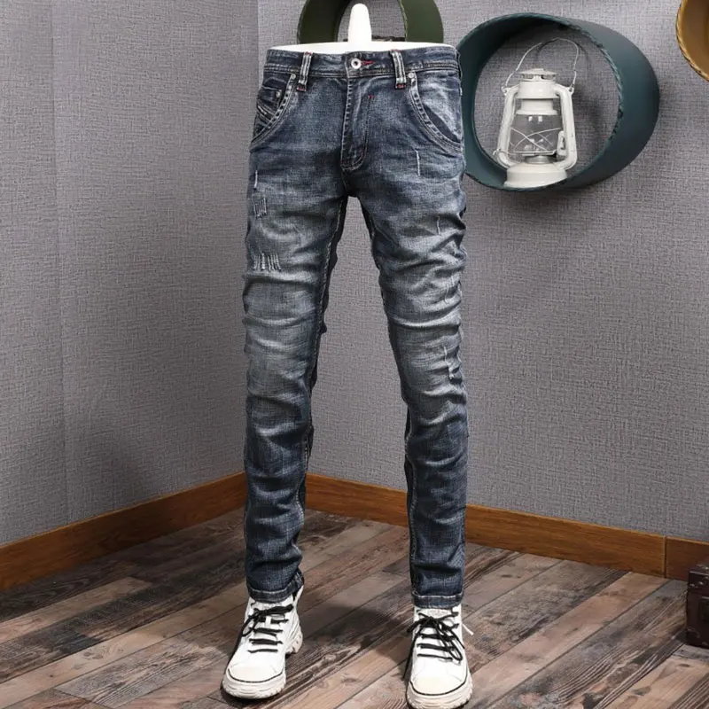 Italian Style Fashion Men Jeans High Quality Retro Black Blue Elastic Slim Fit Ripped Jeans Men Vintage Designer Denim Pants