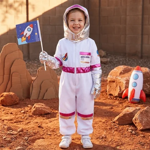 Jumpsuit Astronaut Costume Set with Gloves Cartoon Rocket Jumpsuit Space Theme with Cap Halloween Cosplay Costume Space Party
