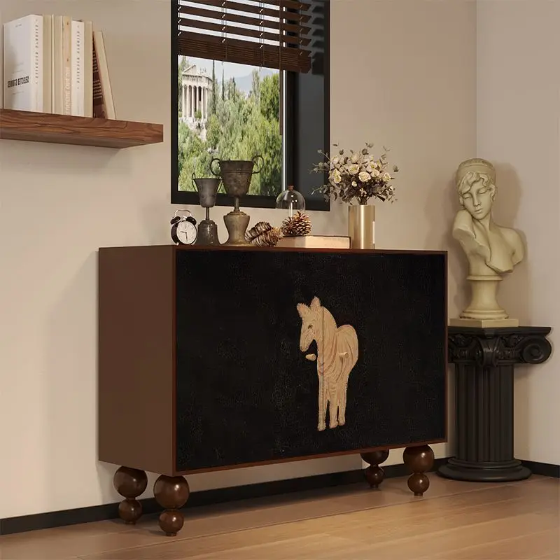 خزانة خشبية صلبة كلاسيكية، خزانة تزيين فنية سوداء راقية، خزانة تخزين لغرفة المعيشة المنزلية