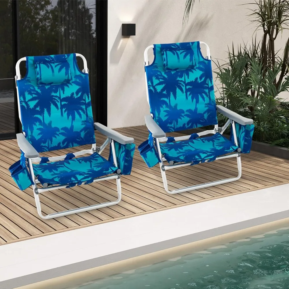 

Beach Chair, Folding Backpack Beach Chairs for Adults with 5 Positions, Head Pillow, Cooler Bag, Towel Bar, Customized