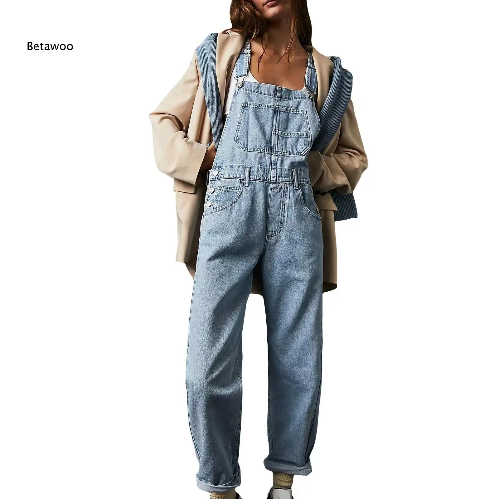 Women's Classic Denim Overalls with Adjustable Straps and Front Pockets for Casual Daily Wear or Weekend Outings