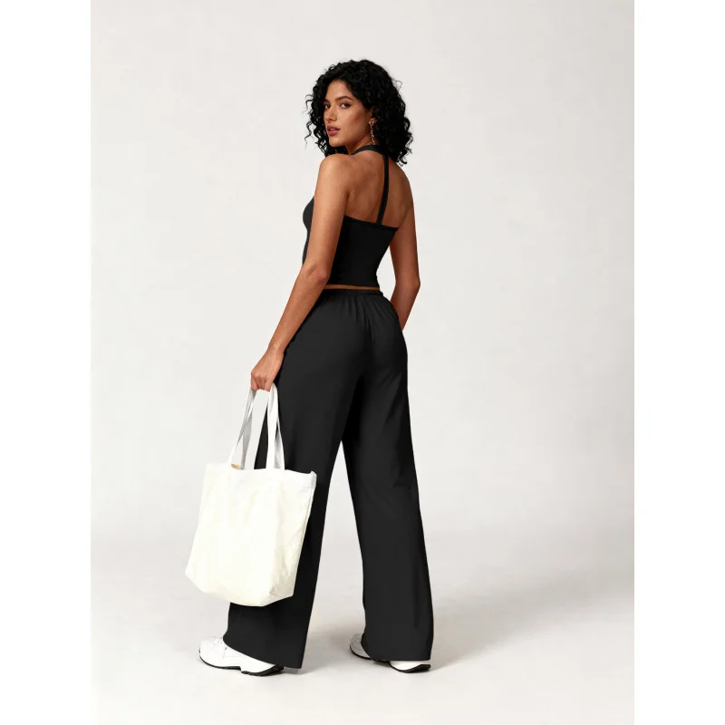 

LEOSOXS 2PCS Yoga Set Women Yellow Hollow Back Tank Top High Waist Drawstring Pants Fitness Suit Outwear Running Workout Clothes