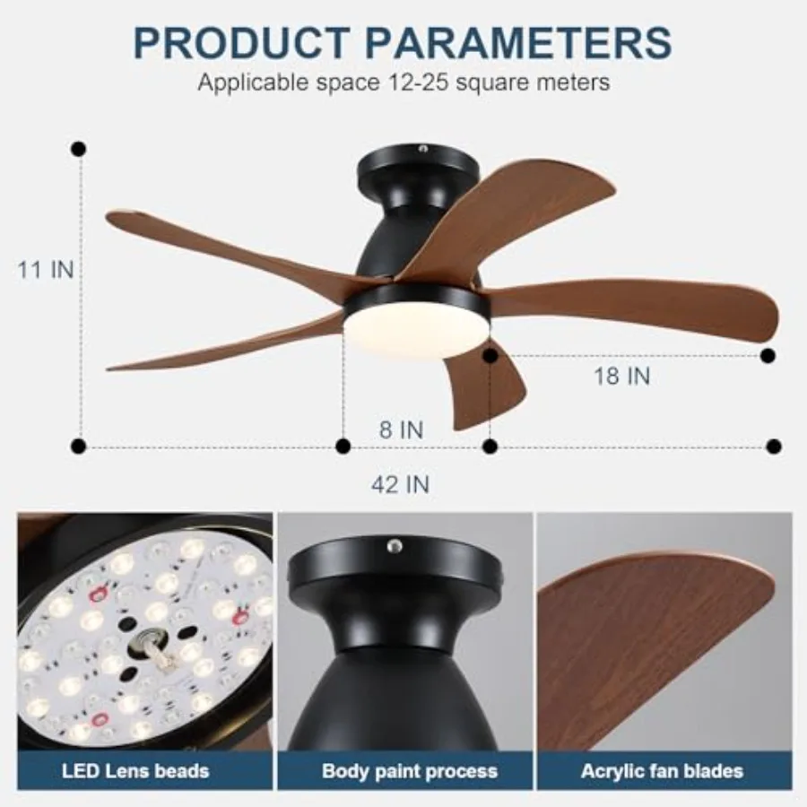 42 Inch Low profile Ceiling Fans with Lights and Remote Modern Flush Mount Ceiling Fan Light Fixture for Bedroom with 5 Blades