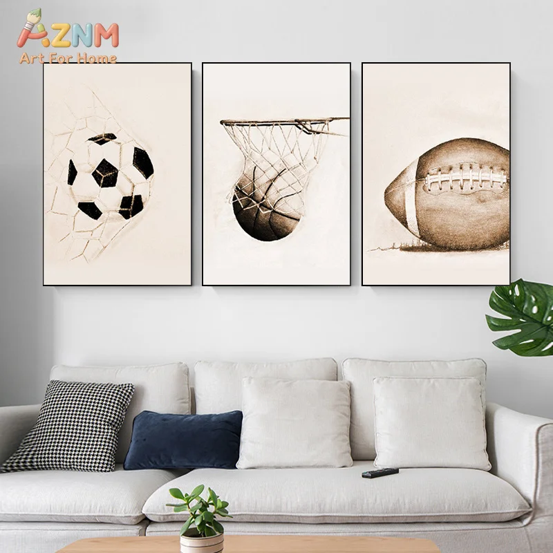 AZNM Vintage Sketch Sports Canvas Wall Art Soccer Basketball Rugby Ball Minimalist Sepia Print Unframed Canvas Boys Bedroom Play