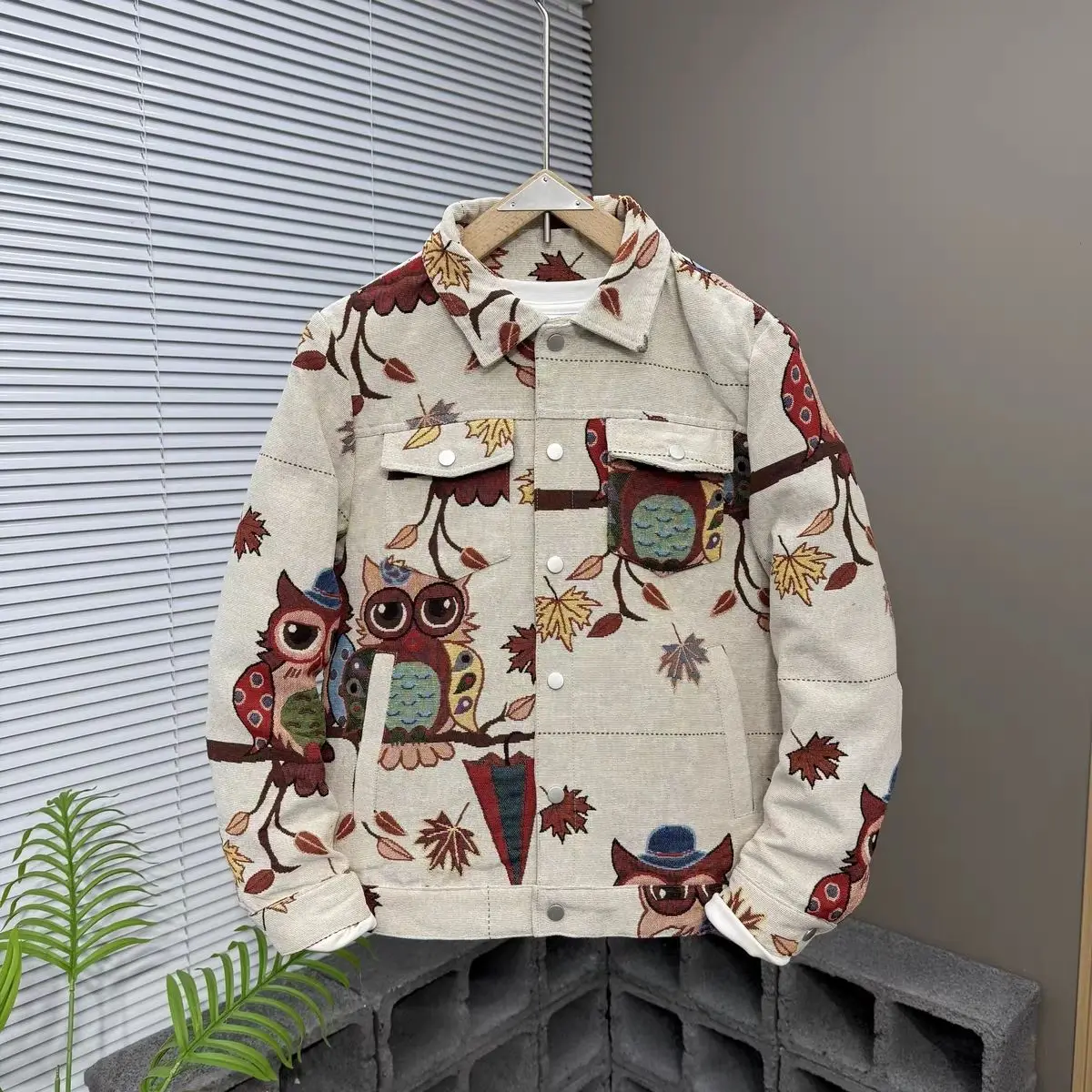

2025 spring new trendy brand jacket couple owl embroidered lapel heavy baseball jacket men