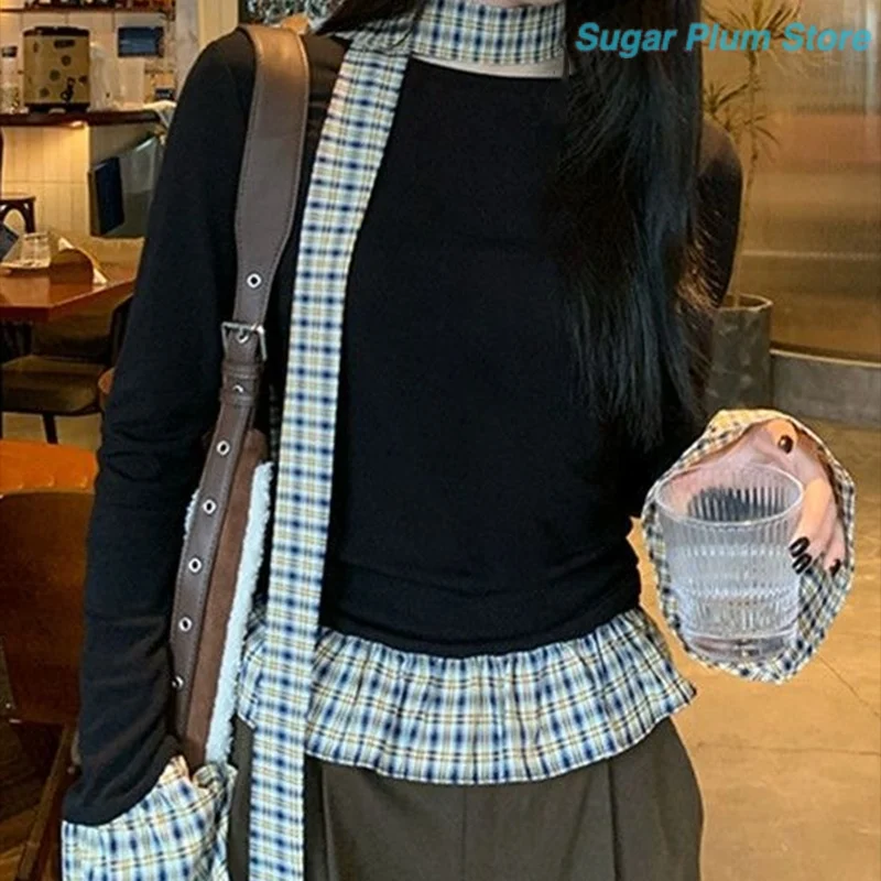 Korean Retro Autumn Women's New Slim Check Color Matching Fake Two-piece Sweater Soft and Skin-friendly Joker Out of The Street