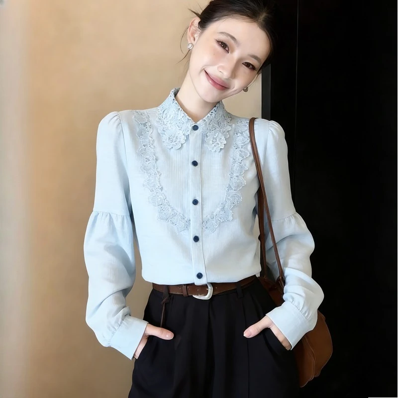 

Casual Women's Blouses Solid Vintage Shirts Fashion Loose Spring/Summer Clothing Long Sleeve Lace Patchwork Women Top