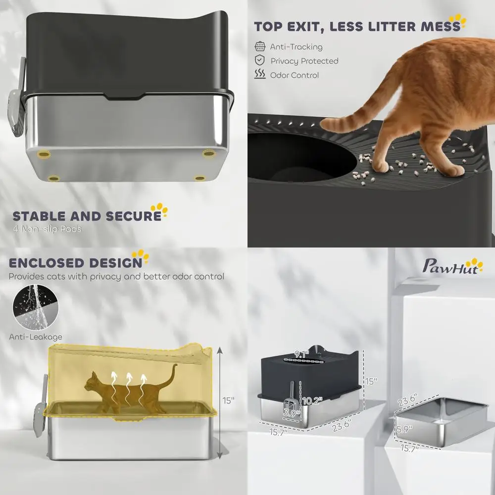 

Очень большой закрытый лоток для кошек с высокими бортиками, верхним входом, совком, защитой от протекания, нескользящий, легко чистится, черный