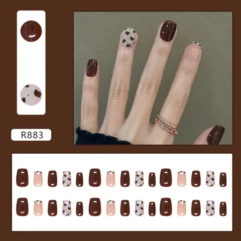 30pcs Short Coffin Press-On Nails - Milky Spot Design On Burgundy Base Minimalist French Elegance (Multi-Size Fit)