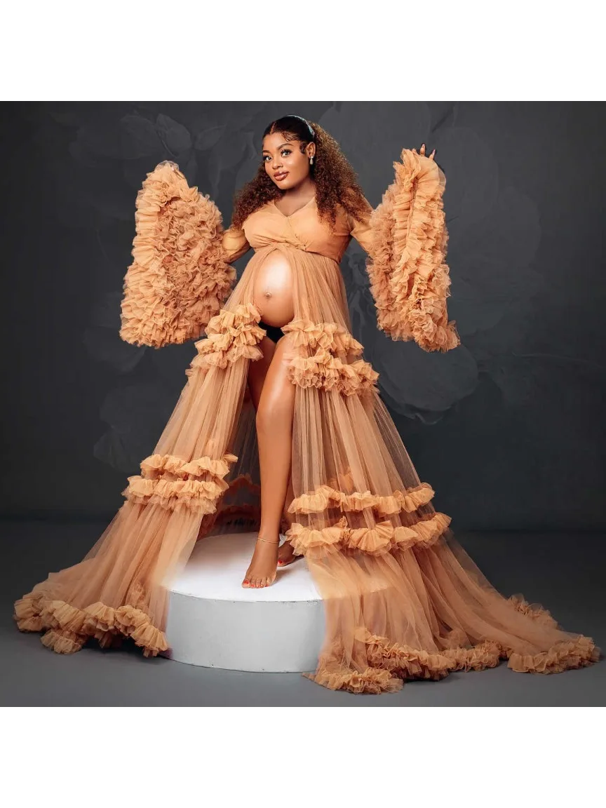 Fluffy Tulle Maternity Gowns Photo Shoot Custom Off Shoulder Women Long Dresses Beach Birthday Party Bathrobe Bridal Sleepwear view 3
