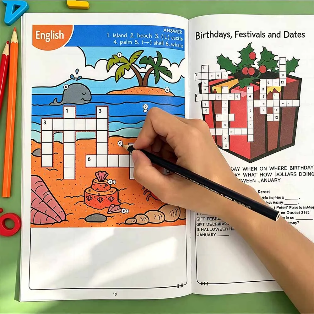 Kids Crossword Puzzle Book - 40 Pages Fun Math English Colors Learning, Educational Word Games for Children, Gift