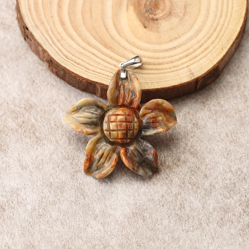 

Carved Crazy Lace Agate Flower Pendant Multi-Toned Banded Gemstone Jewelry Component for Handmade Accessories 38X12mm-12.6g