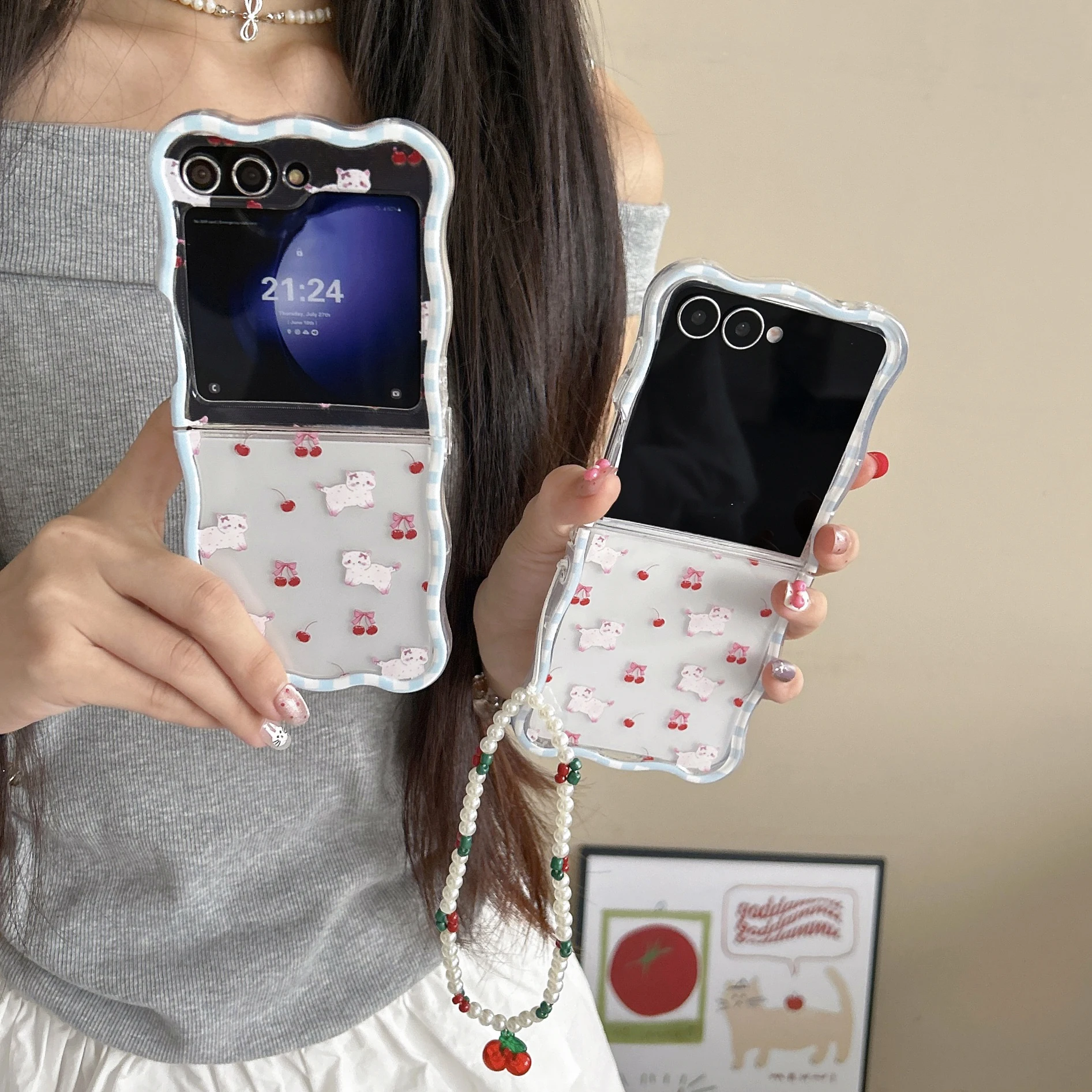 Koreanische Kirsche Katze Telefon Fall Für Samsung Galaxy Z Flip 7 6 5 4 3 Abdeckung Mit Lanyard Welle Telefon Abdeckung für Z Flip7 Flip6 Fall