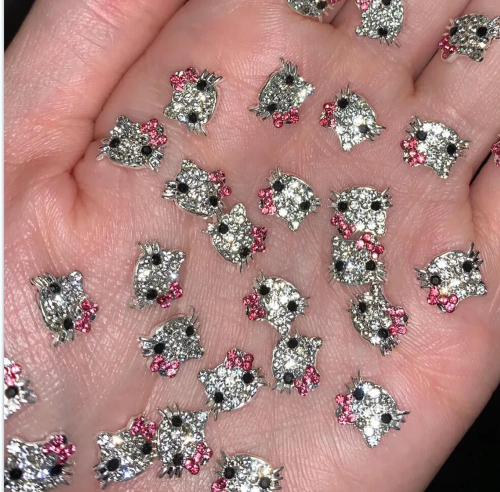 

10 шт. 3D блестящие бриллианты Hello Kitty Crystal Rhinestone 3D красный, синий, розовый, котенок, голова кошки, бант, драгоценный камень, украшение для ногтей, украшение для маникюра