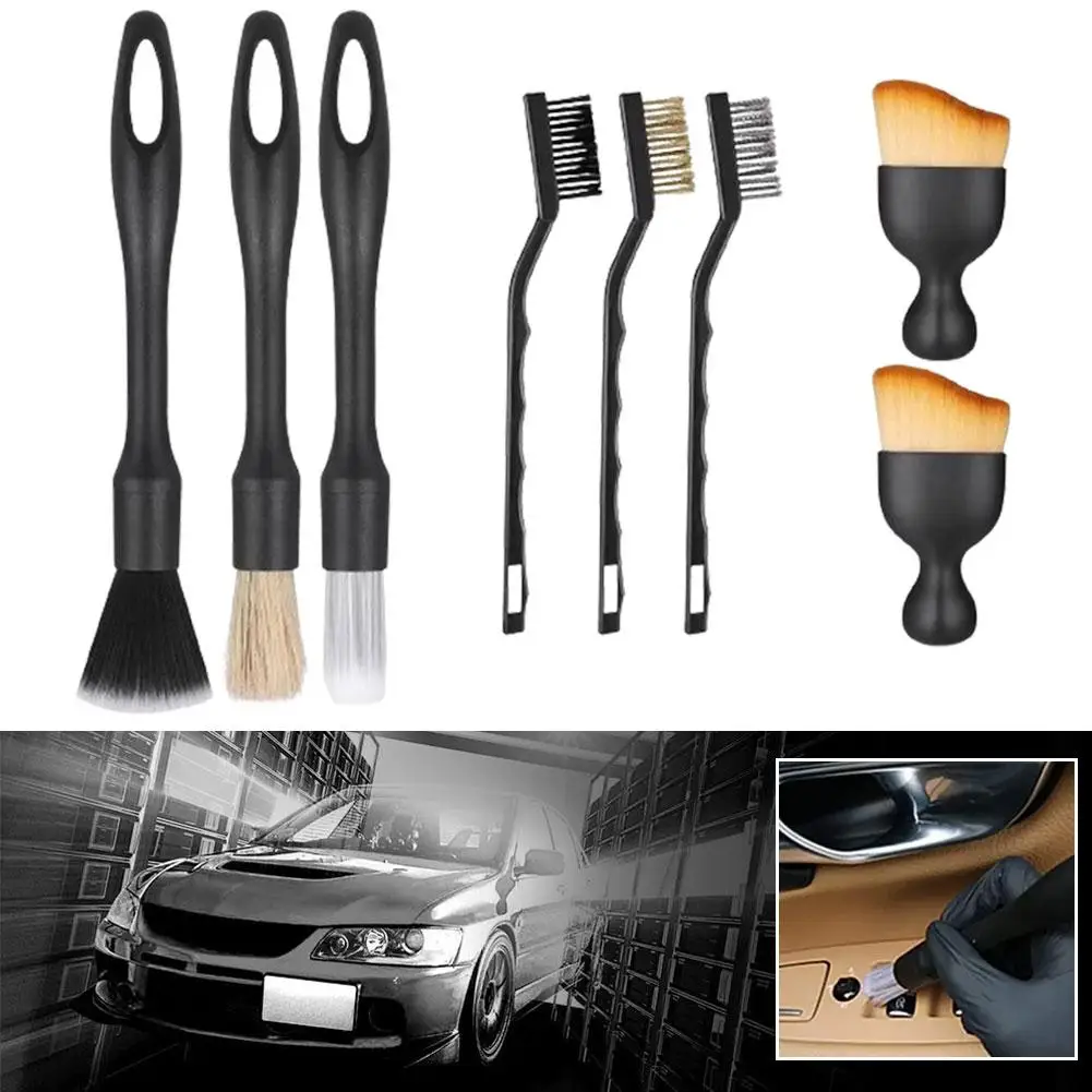 Ensemble de brosses de détail de voiture, poils doux, brosse pour livres intérieurs, brosse pour moyeu de roue, outils de livres profonds, 8 pièces par kit