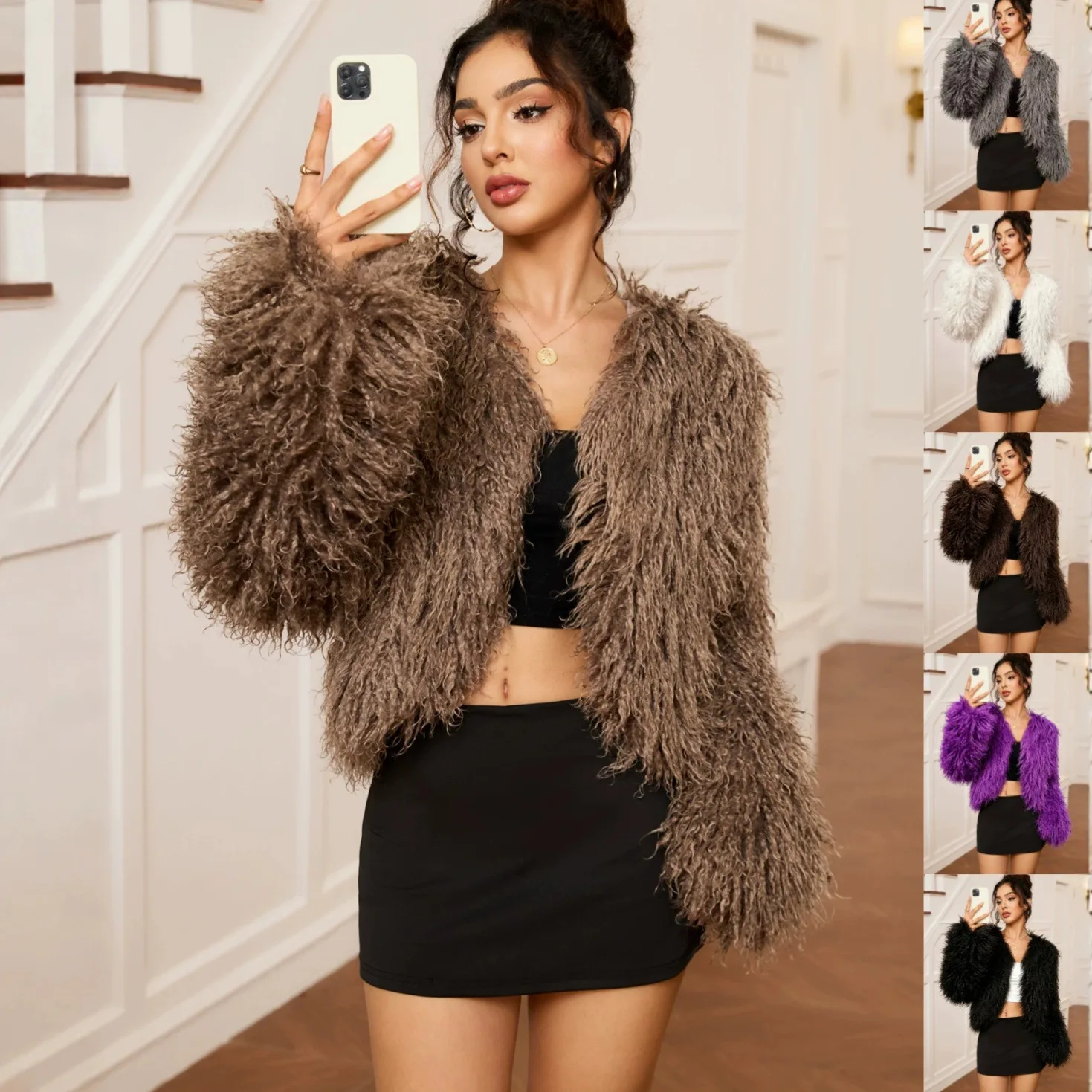 Short Faux Fur Jackets Women Long Sleeve Coat Thick Warm Fluffy Y2k Streetwear Open Front Elegant Work Outerwear Autumn Winter