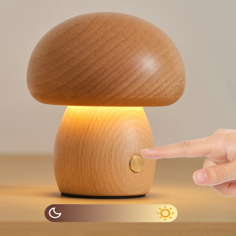 Kreative Pilz Nachtlicht Massivholz Atmosphäre Licht Kinderzimmer Dekoration USB-Aufladung