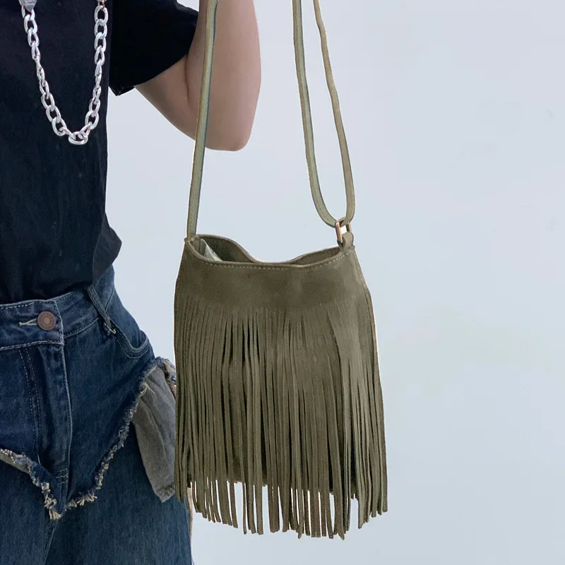 New Genuine Leather Women\'s Bag Bohemian Style Hippie Vintage Tassel One Shoulder Crossbody Bag Nubuck Cowskin Handmade Bags