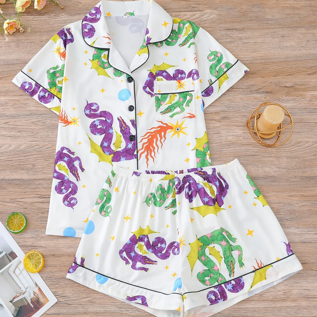 

White Women‘s Pajamas with Magic Dragon Print Lapel Short Sleeves and Shorts Home Wear Set Loungewear Clothes Christmas Gifts