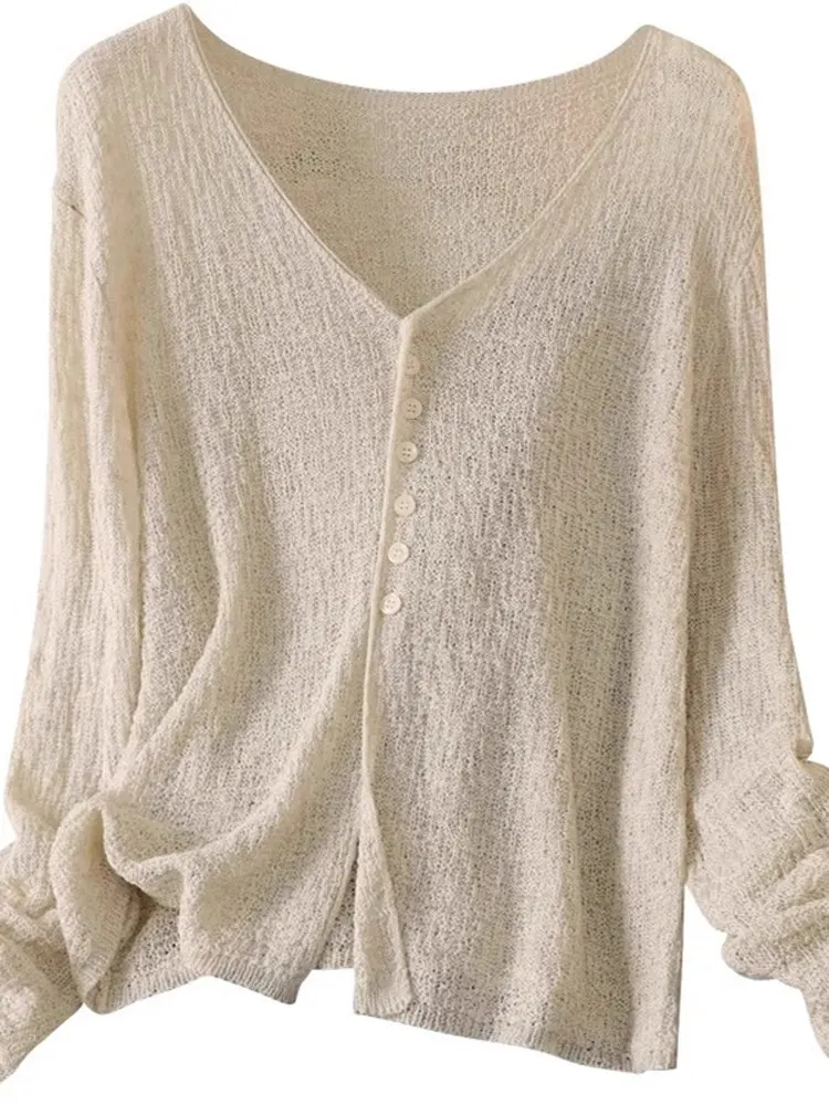 

Легкий ажурный шелковый льняной кардиган, женский вязаный кардиган с открытой передней частью, летний свободный крой, длинный свеч V-Ne