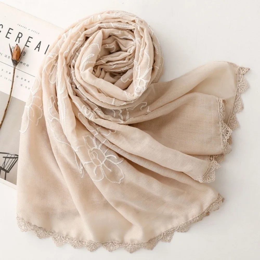 Versatile Elegant Embroider Scarf 180*90Cm Plain Design Sunscreen Shawl Thin Floral Pattern Female Headscarf for Women