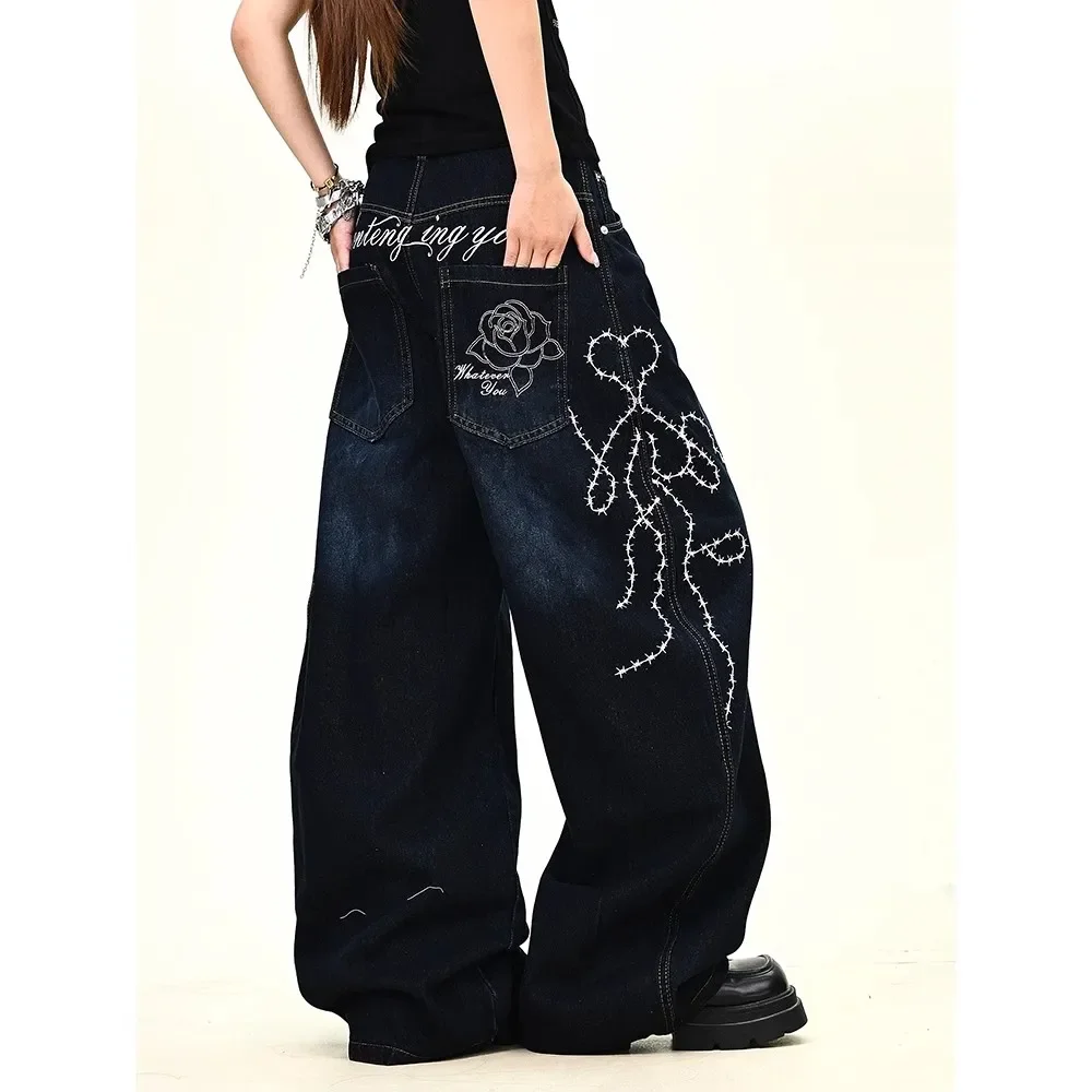 Blue Jeans for Women High Waist American Wide Leg Pants Y2K Vintage Straight Baggy Denim Trousers Oversize Pants