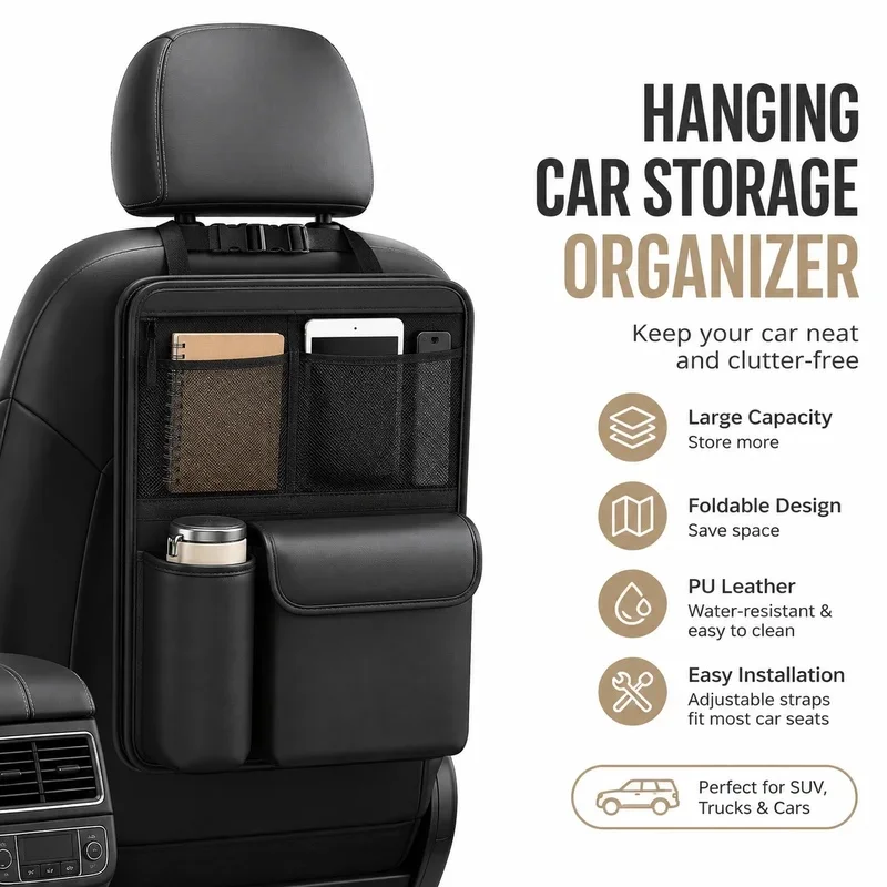 Premium Leather Car Seat Back Storage Bag with Adjustable Strap Multi-Pocket Auto Interior Organizer for Vehicles