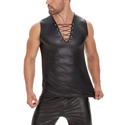 Plus Size Mens Shiny Leather Tank Top Adjustable Soft Matte Leather T-Shirts Sleeveless Male High Elastic Shaping Vest