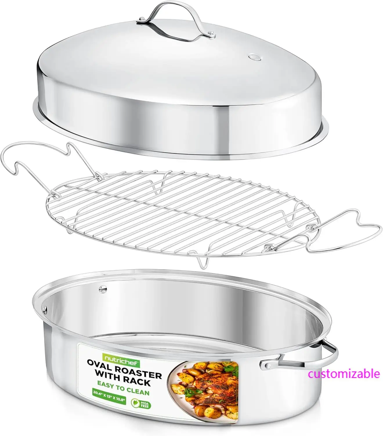 

20" Oval Roasting Pan with Rack and Lid - Premium Stainless Steel Roaster Dish w/ Wide Handles & Removable Rack
