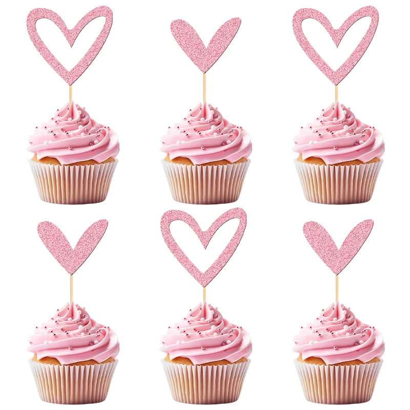 YOMDID 24 Stück Herz-Cupcake-Topper, glitzernde Herz-Kuchenaufsätze für Valentinstag, Hochzeit, Geburtstag, Kuchendekoration, Zubehör