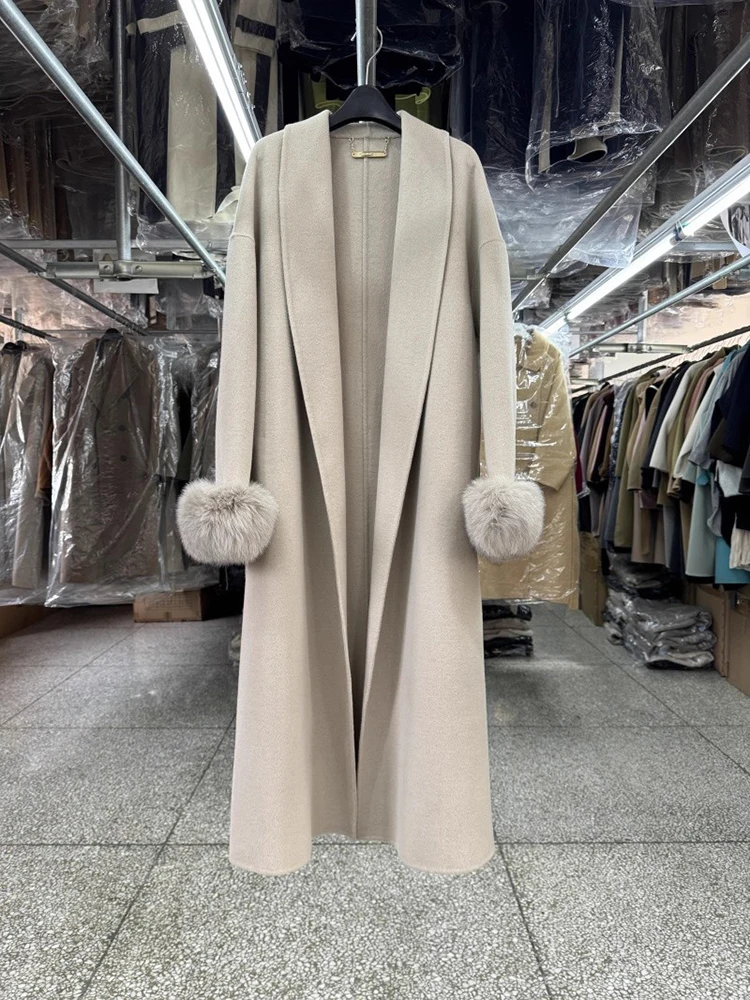 

2025 new women fashion real fox fur sleeves detachable long length 100% woolen coat for autumn winter lapel high-end overcoat