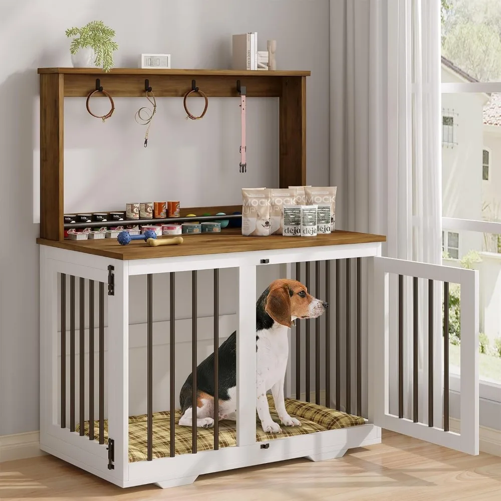 

Dog Crate Furniture with Hutch, Wooden Dog Crate with Storage and 4 Hooks, Heavy Duty Pet Crate for Medium Dog, Dog Kennel Indoo