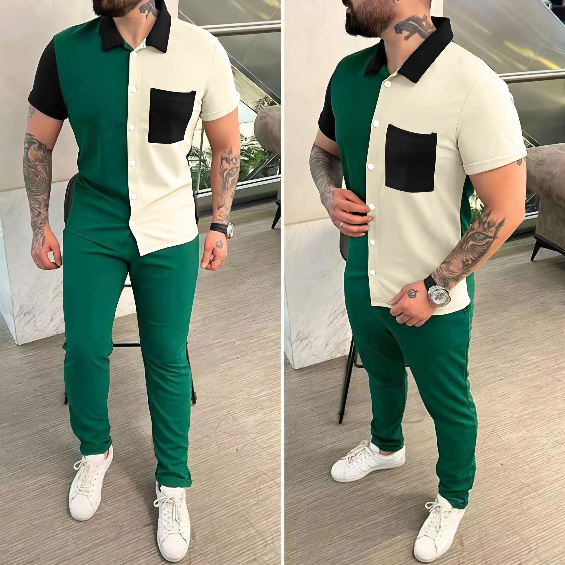 

New men's casual shopping and traveling two-piece set - patchwork pocket button-up shirt and solid-colored trousers combination