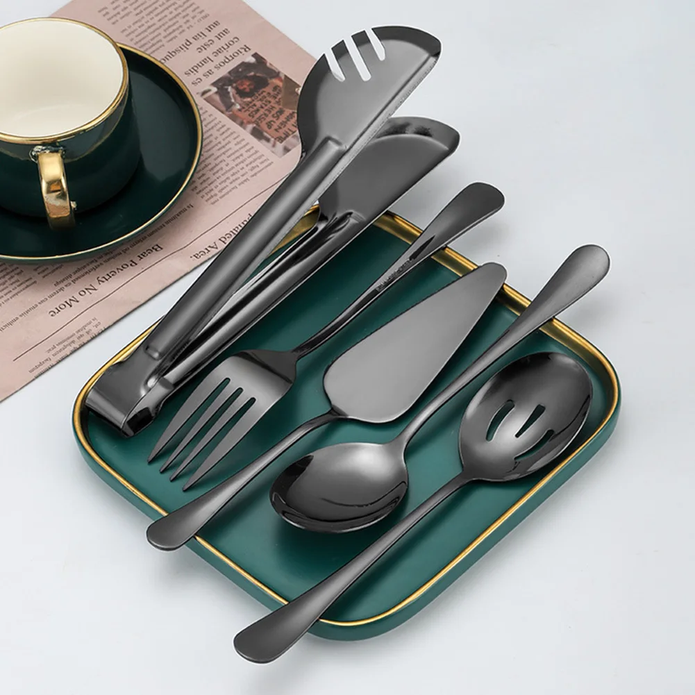 Heavy Duty Public Food Utensil Set Stainless Steel 5 Pieces Large Size with Serving Spoons and Ladles for Food Service Areas