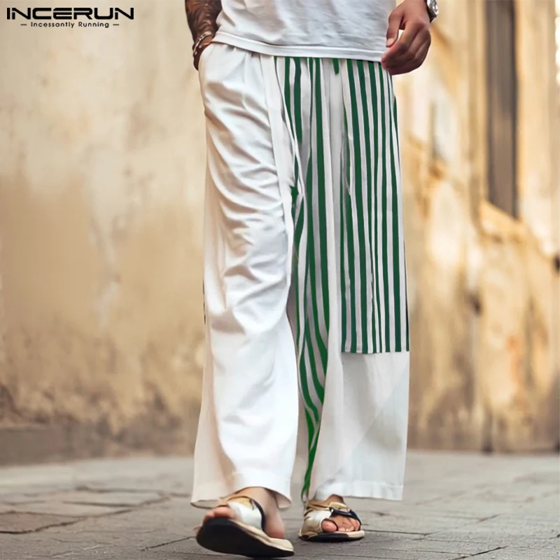 

2025 Men Wide Leg Pants Striped Elastic Waist Loose Joggers Straight Trousers Men Streetwear Fashion Long Pants S-5XL INCERUN