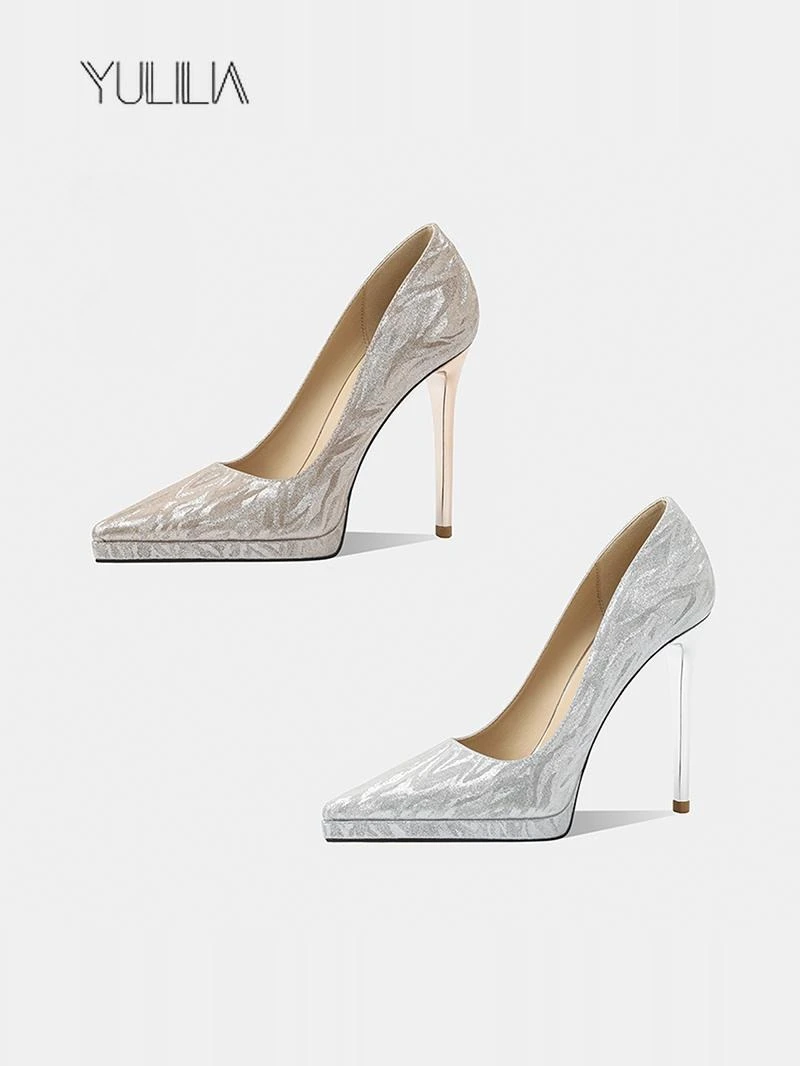

YULILIA New Fashionable and Sexy Nightclub Workplace Silver Waterproof Table Crystal Wedding Shoes Pointed Stiletto High Heels