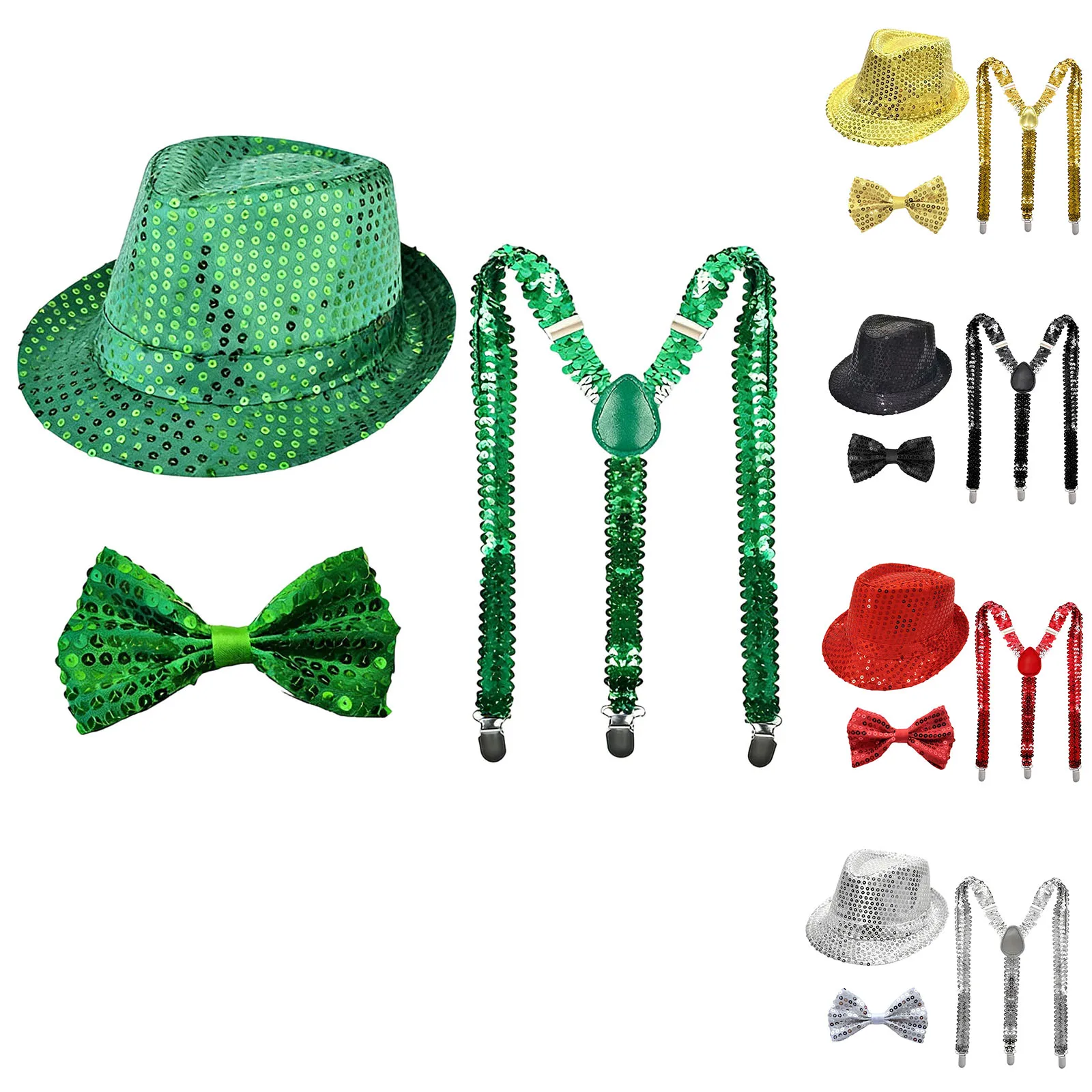 Conjunto de Accesorios de Disfraces con Sombrero de Lentejuelas, Corbata, Guantes y Tirantes para Fiestas, Bodas, Niños, Hombres, Decoración Navideña, Carnaval, Baile