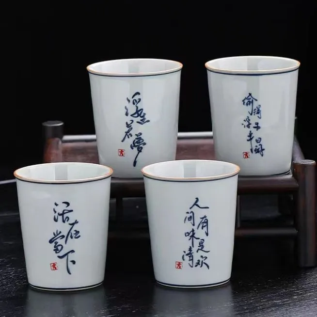 Retro Blue and White Tea Cup, Orchid Pavilion, Preface Handwritten Personal Teacup, Large Flaring Blue-Gray Glaze