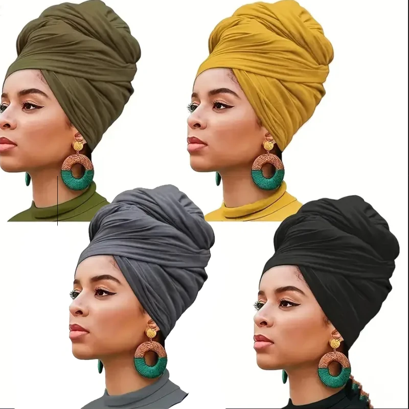 Jilbab 4 piece set Stretch Jersey Turban Head Wrap Urban Hair Wrap Scarf Ultra Soft Extra Long Breathable Lightweight for Women