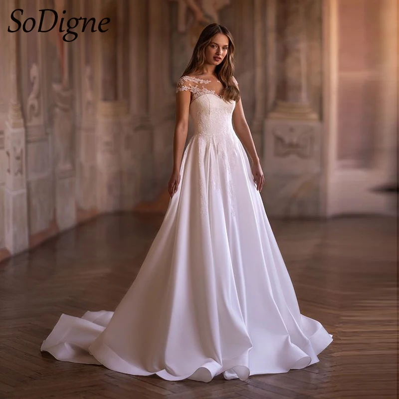 

SoDigne A-line Lace Appliques Wedding Dresses O-neck Sleeveless Satin Bridal Dress Boho Long Bride Gown vestidos de novia ﻿